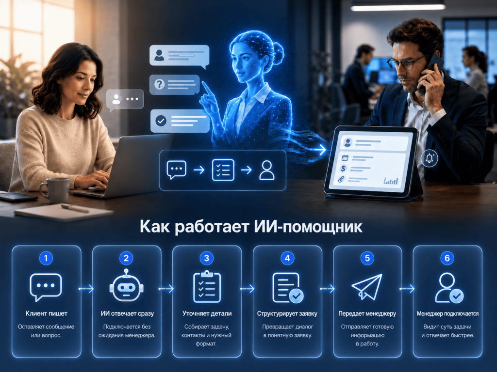 AI-помощник принимает сообщение клиента, уточняет детали и передает менеджеру готовую заявку